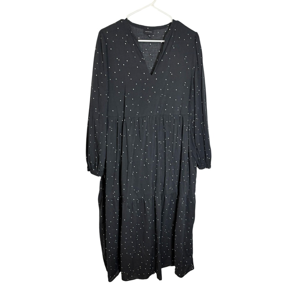 Who What Wear XXL Black Polka Dot Tiered Midi Dress Long Sleeve Pockets Boho